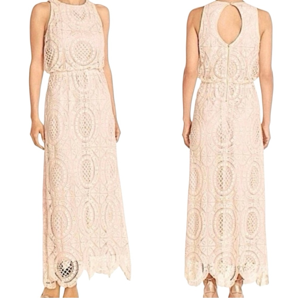 Eliza J Womens 2 Blush Beige Lace Blouson Maxi Dress Elastic‎ Waist Keyhole Back